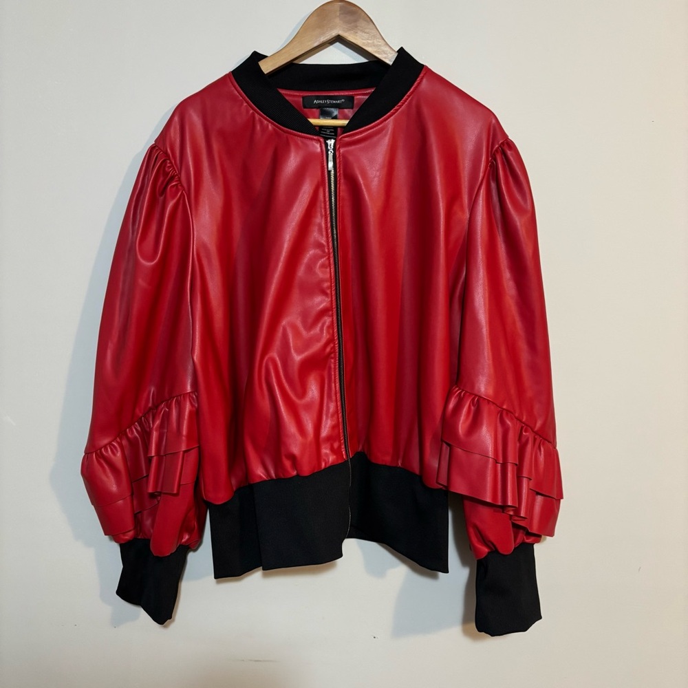 Ashley Stewart Red & Black Faux Leather Bomber Jacket Ruffle Sleeves | Wms Sz 26